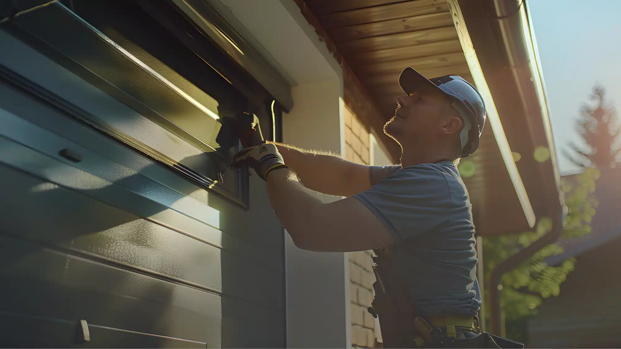 Garage door company technician providing emergency repair service in Groton CT